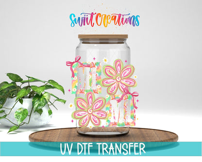 Mimi Tie Dye Flowers UV DTF transfer displayed on a clear jar mockup from Swiit Creations