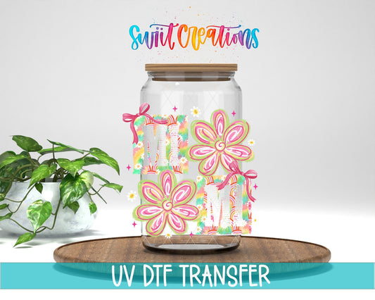 Mimi Tie Dye Flowers UV DTF transfer displayed on a clear jar mockup from Swiit Creations