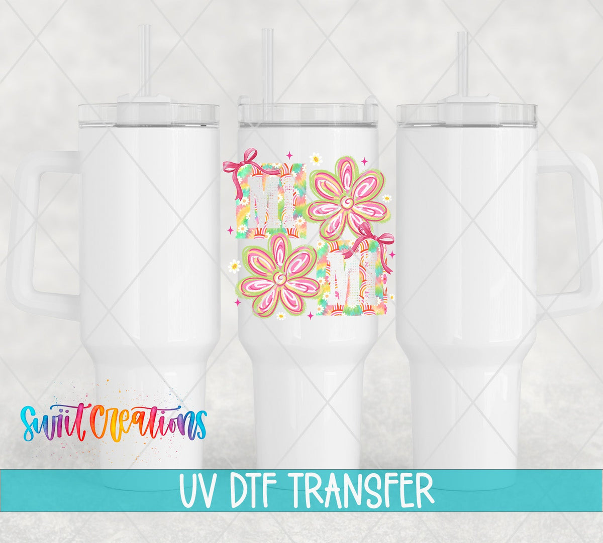 Mimi Tie Dye Flowers UV DTF transfer applied to a white tumbler set from Swiit Creations