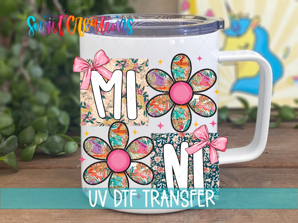 Mini Floral Patchwork Daisy UV DTF transfer displayed on a white coffee mug from Swiit Creations