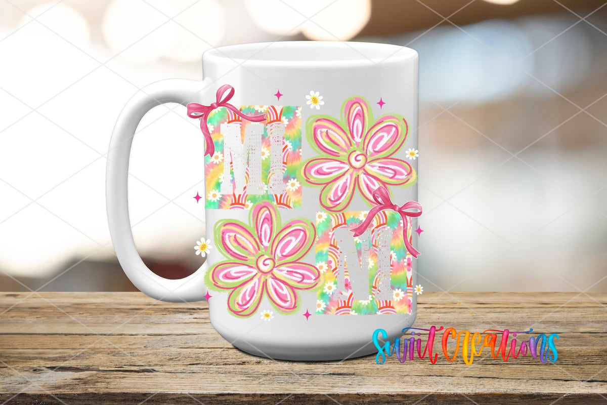 Mini Tie Dye Flowers UV DTF transfer displayed on a white ceramic mug from Swiit Creations