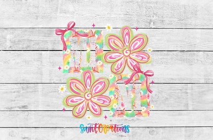 Mini Tie Dye Flowers UV DTF transfer shown as a full artwork preview from Swiit Creations