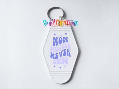 Mom Hustle Never Ends motel keychain UV DTF transfer clean keychain mockup by Swiit Creations