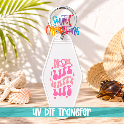Mom Life Happy Life motel keychain UV DTF transfer display mockup by Swiit Creations