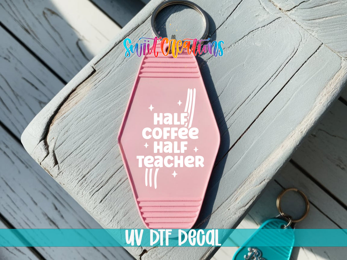 Half Coffee Half Teacher motel keychain UV DTF transfer colored keychain mockup by Swiit Creations