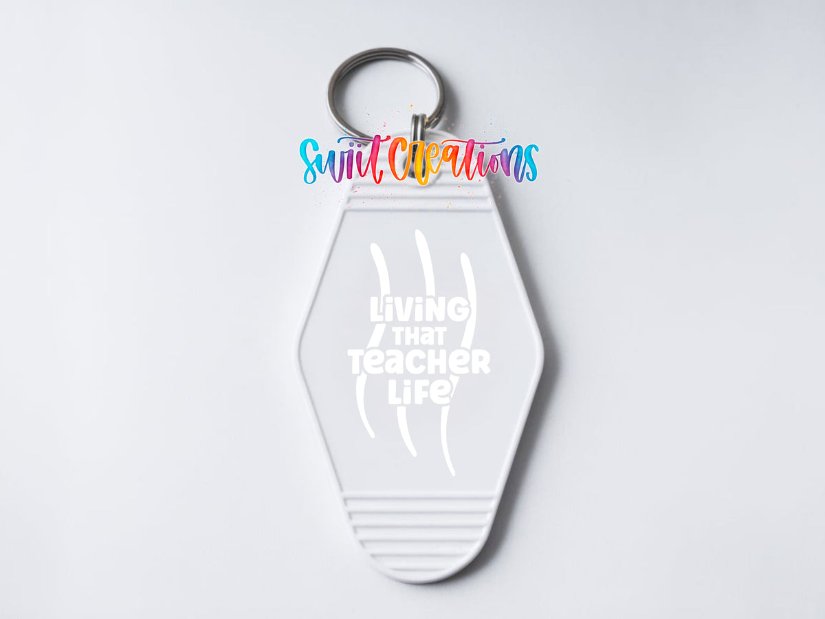 Living That Teacher Life motel keychain UV DTF transfer clean keychain mockup by Swiit Creations