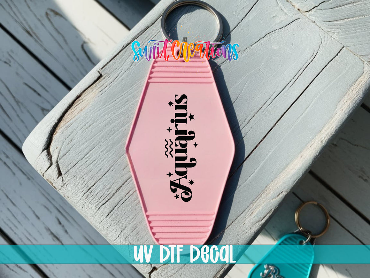 Aquarius motel keychain UV DTF transfer colored keychain mockup by Swiit Creations
