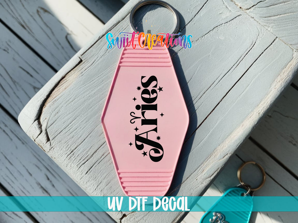Aries motel keychain UV DTF transfer colored keychain mockup by Swiit Creations