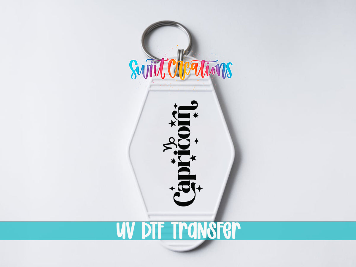 Capricorn motel keychain UV DTF transfer close-up mockup by Swiit Creations