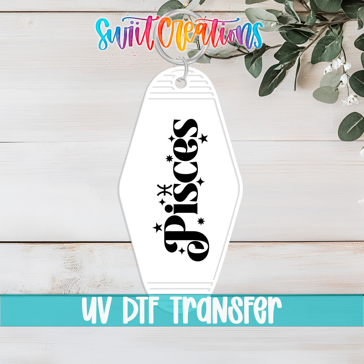 Pisces motel keychain UV DTF transfer flat lay mockup by Swiit Creations