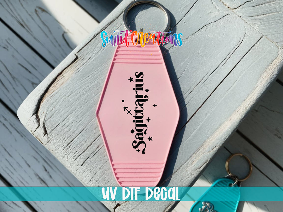 Sagittarius motel keychain UV DTF transfer colored keychain mockup by Swiit Creations
