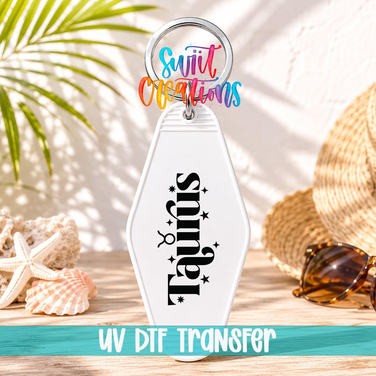 Taurus motel keychain UV DTF transfer display mockup by Swiit Creations