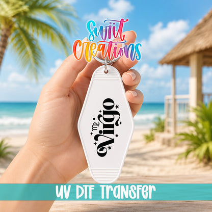 Virgo motel keychain UV DTF transfer lifestyle mockup by Swiit Creations