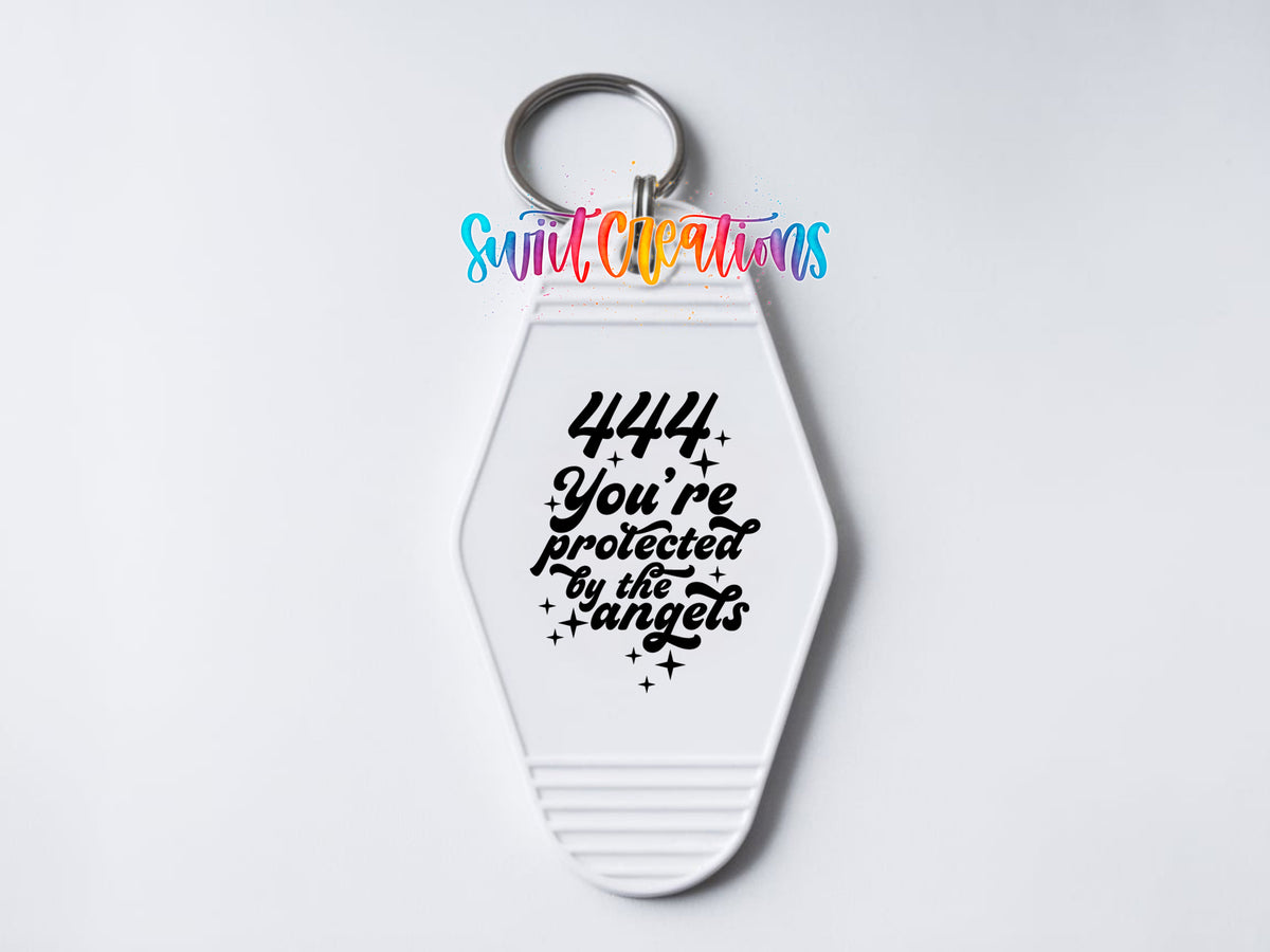 444 You’re Protected by the Angels motel keychain UV DTF transfer clean keychain mockup by Swiit Creations