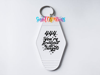 444 You’re Protected by the Angels motel keychain UV DTF transfer clean keychain mockup by Swiit Creations