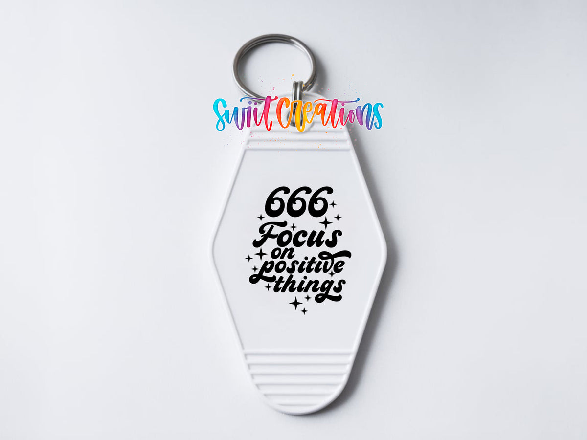 666 Focus on Positive Things motel keychain UV DTF transfer clean keychain mockup by Swiit Creations