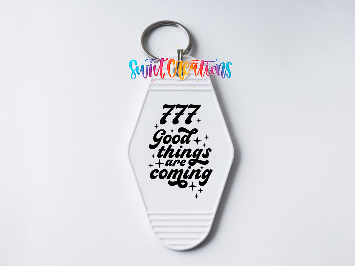 777 Good Things Are Coming motel keychain UV DTF transfer clean keychain mockup by Swiit Creations