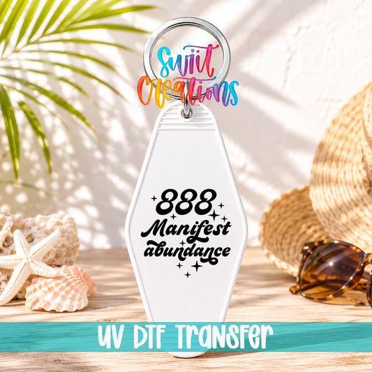 888 Manifest Abundance motel keychain UV DTF transfer display mockup by Swiit Creations