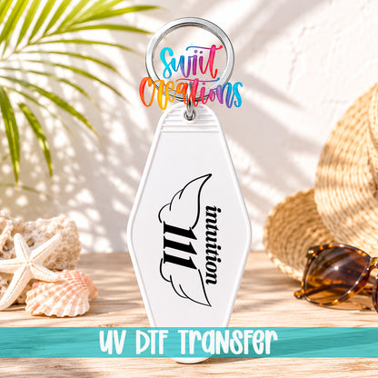 111 Intuition motel keychain UV DTF transfer display mockup by Swiit Creations