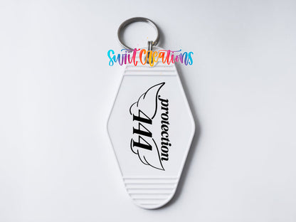 444 Protection motel keychain UV DTF transfer clean keychain mockup by Swiit Creations