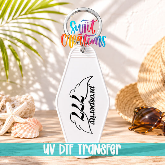 777 Prosperity motel keychain UV DTF transfer display mockup by Swiit Creations
