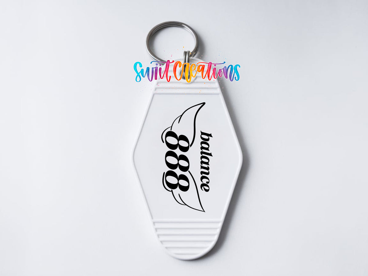 888 Balance motel keychain UV DTF transfer clean keychain mockup by Swiit Creations