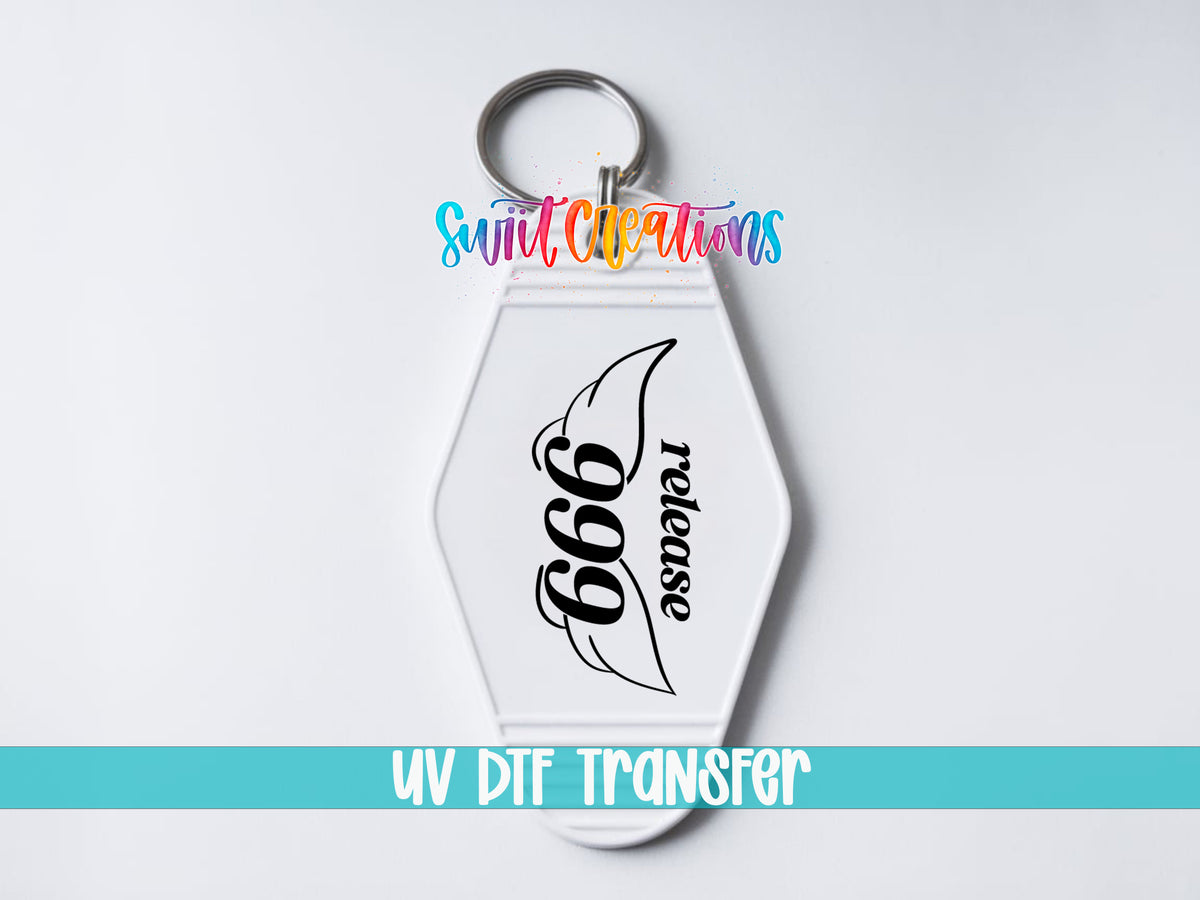 999 Release motel keychain UV DTF transfer close-up mockup by Swiit Creations