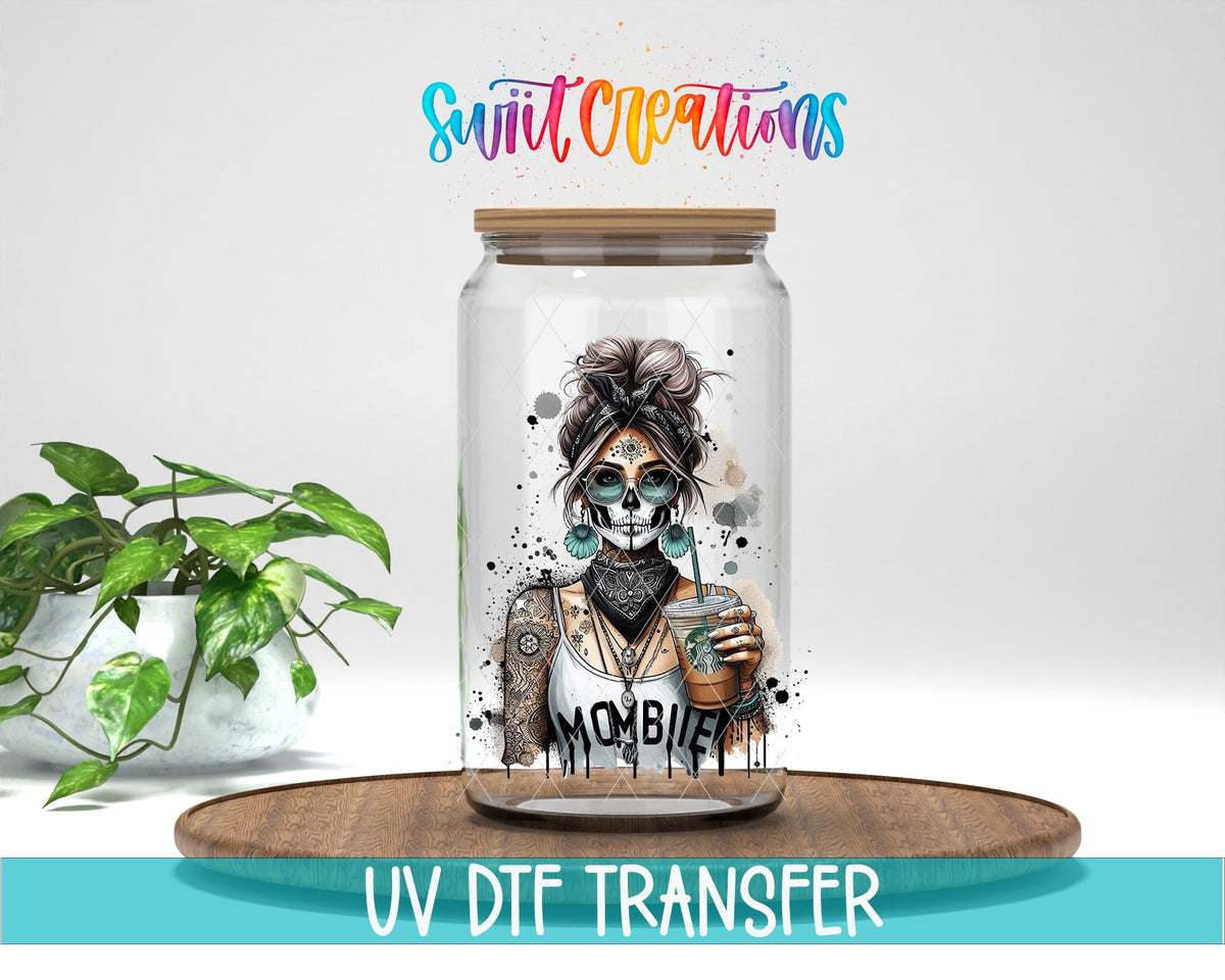 Swiit Creations UV DTF Mombie Skeleton Mom Coffee transfer displayed on a clear jar mockup