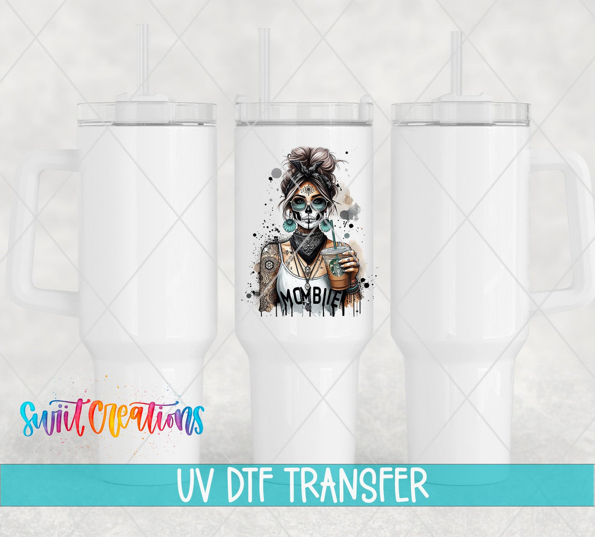 Swiit Creations UV DTF Mombie Skeleton Mom Coffee transfer shown on a white tumbler set