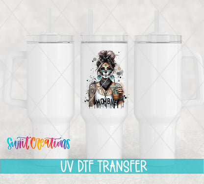Swiit Creations UV DTF Mombie Skeleton Mom Coffee transfer shown on a white tumbler set