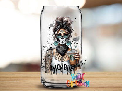 Swiit Creations UV DTF Mombie Skeleton Mom Coffee transfer applied to a clear glass can