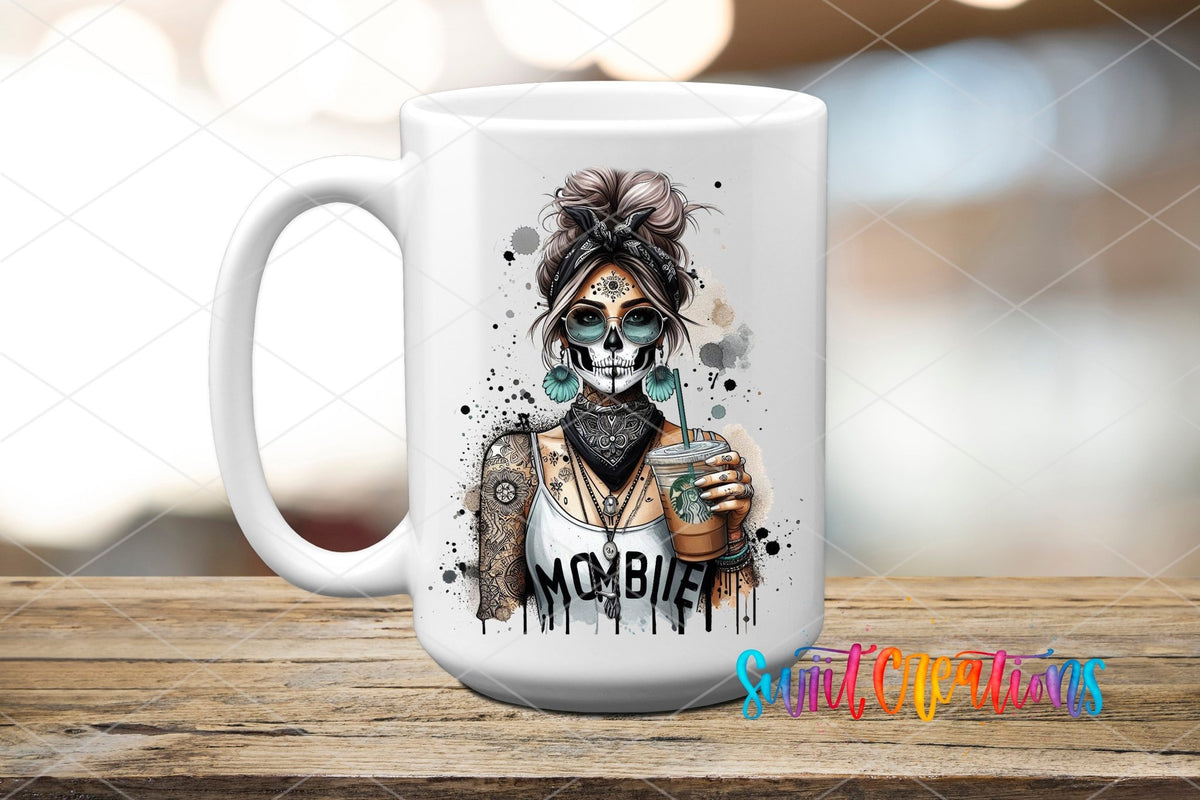 Swiit Creations UV DTF Mombie Skeleton Mom Coffee transfer applied to a white ceramic mug
