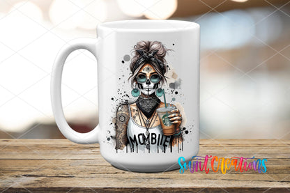 Swiit Creations UV DTF Mombie Skeleton Mom Coffee transfer applied to a white ceramic mug