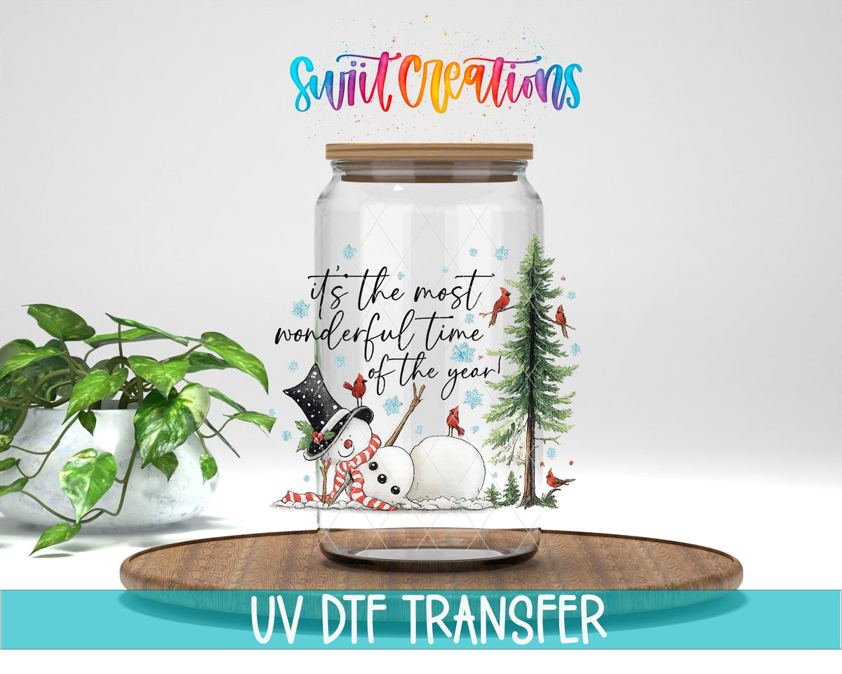 Most Wonderful Time Of The Year Snowman UV DTF transfer displayed on a clear jar mockup from Swiit Creations