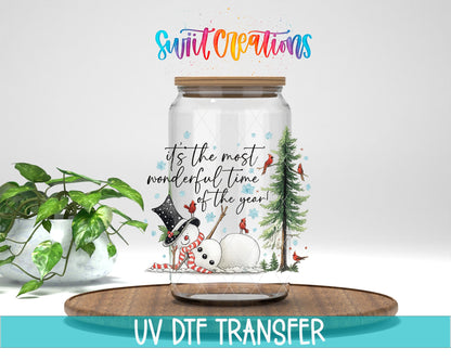 Most Wonderful Time Of The Year Snowman UV DTF transfer displayed on a clear jar mockup from Swiit Creations