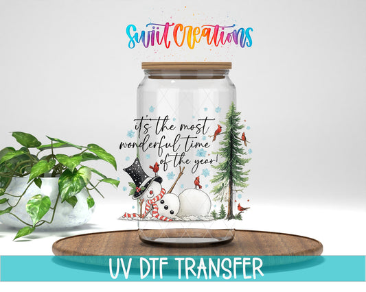 Most Wonderful Time Of The Year Snowman UV DTF transfer displayed on a clear jar mockup from Swiit Creations