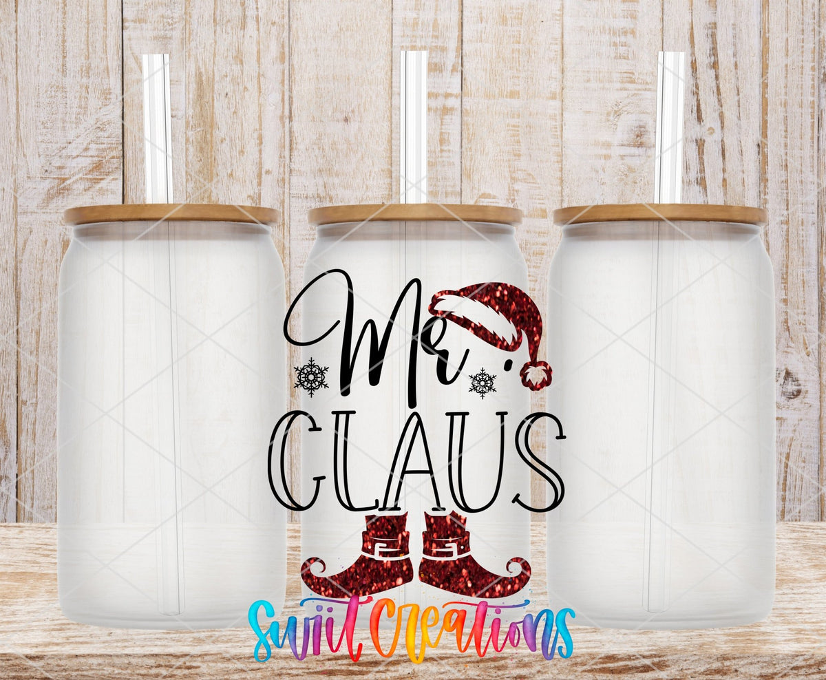 Swiit Creations UV DTF Mr Claus Christmas transfer shown on a clear glass can set