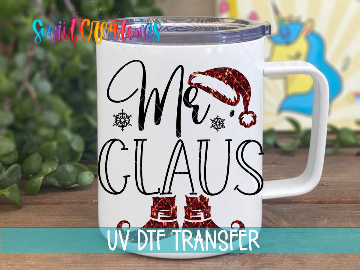 Swiit Creations UV DTF Mr Claus Christmas transfer displayed on a white coffee mug