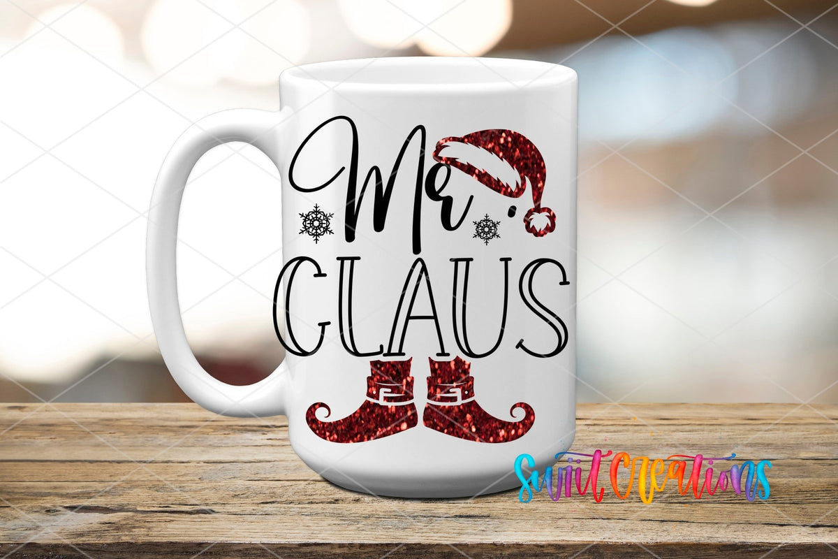 Swiit Creations UV DTF Mr Claus Christmas transfer applied to a white ceramic mug