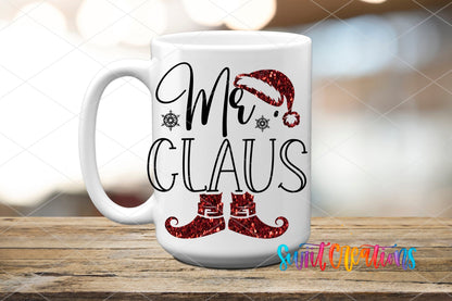 Swiit Creations UV DTF Mr Claus Christmas transfer applied to a white ceramic mug