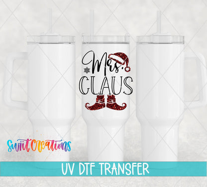 Swiit Creations UV DTF Mrs Claus Christmas transfer shown on a white tumbler set