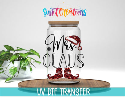 Swiit Creations UV DTF Mrs Claus Christmas transfer displayed on a clear jar mockup