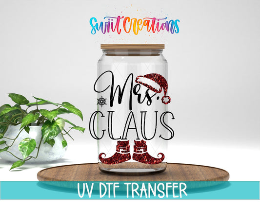 Swiit Creations UV DTF Mrs Claus Christmas transfer displayed on a clear jar mockup