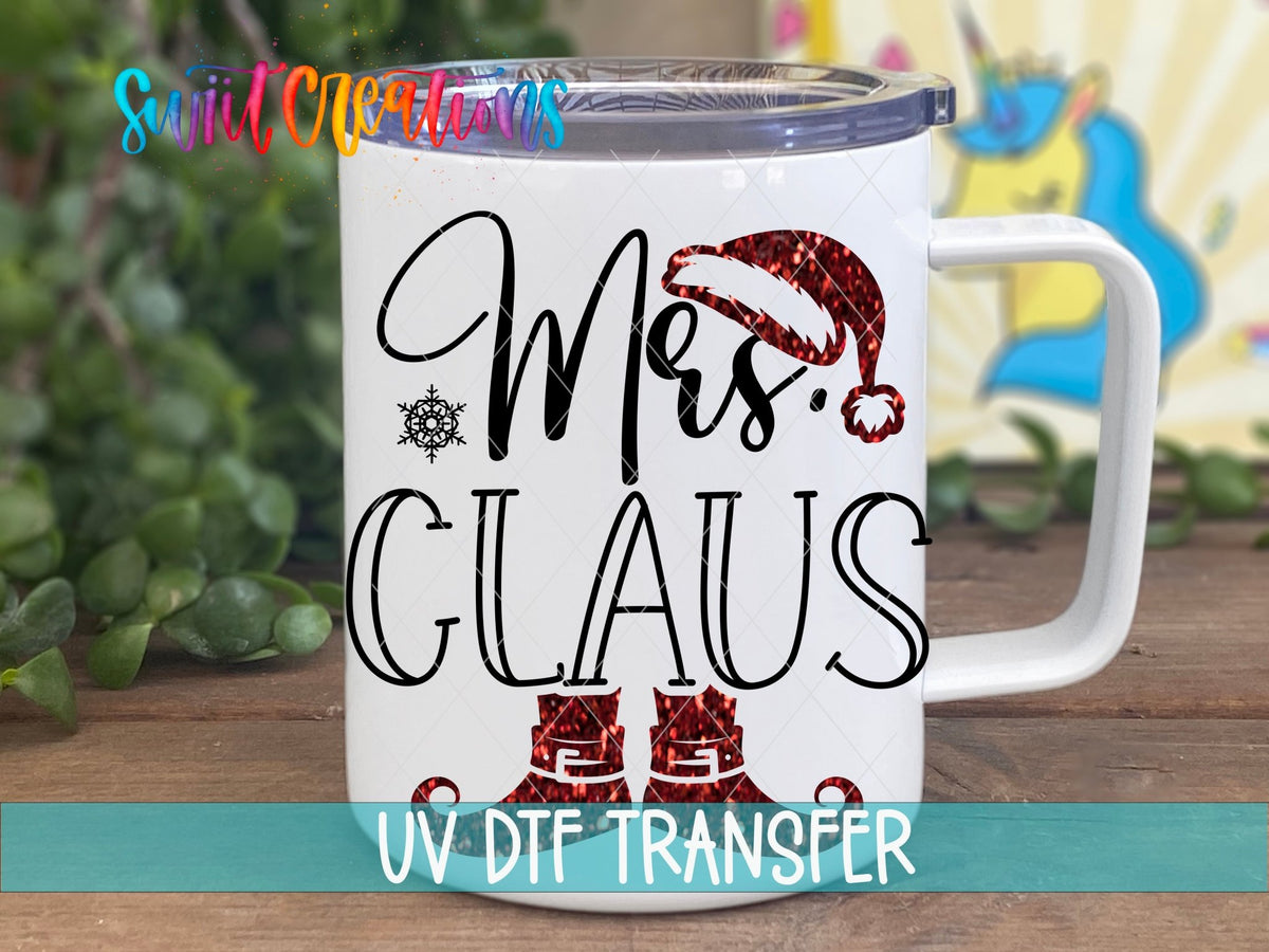 Swiit Creations UV DTF Mrs Claus Christmas transfer displayed on a white coffee mug