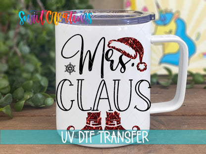 Swiit Creations UV DTF Mrs Claus Christmas transfer displayed on a white coffee mug