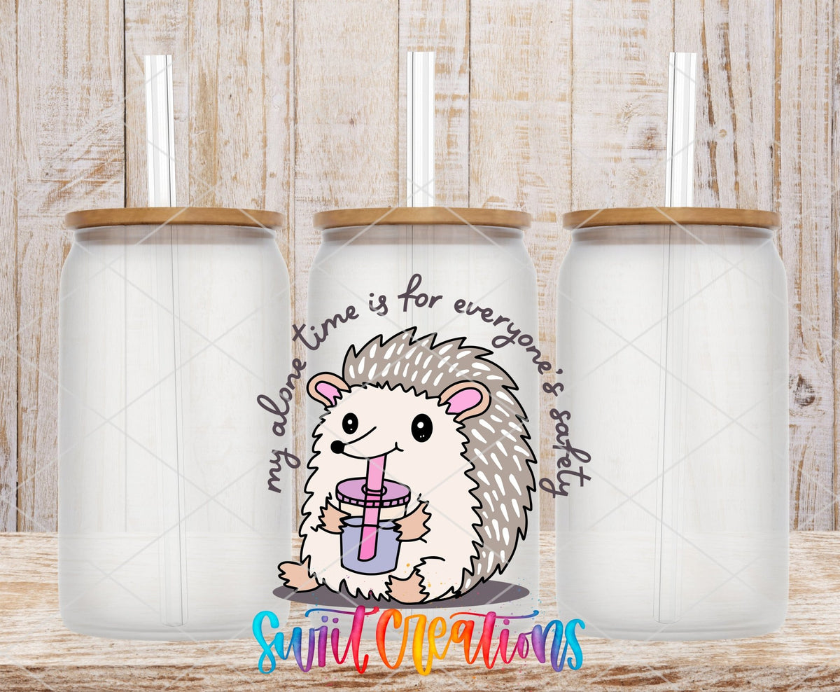 My Alone Time Is For Everyone’s Safety UV DTF transfer applied to a clear glass can set from Swiit Creations