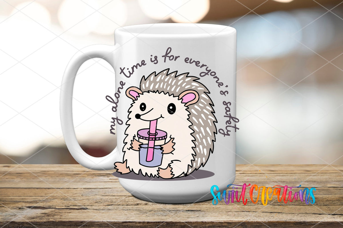 My Alone Time Is For Everyone’s Safety UV DTF transfer displayed on a white ceramic mug from Swiit Creations