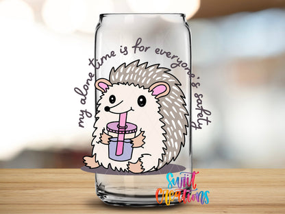 My Alone Time Is For Everyone’s Safety UV DTF transfer applied to a clear glass can from Swiit Creations