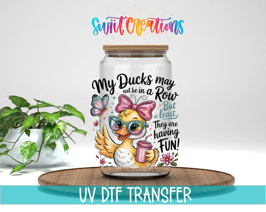 My Ducks May Not Be In A Row Funny Duck UV DTF transfer displayed on a clear jar mockup from Swiit Creations