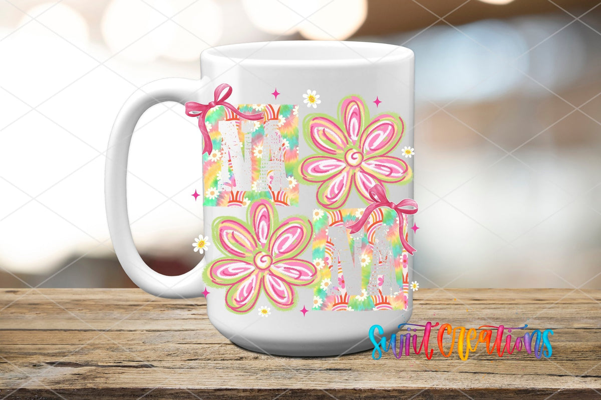 Nana Boho Rainbow Floral UV DTF transfer displayed on a white ceramic mug from Swiit Creations